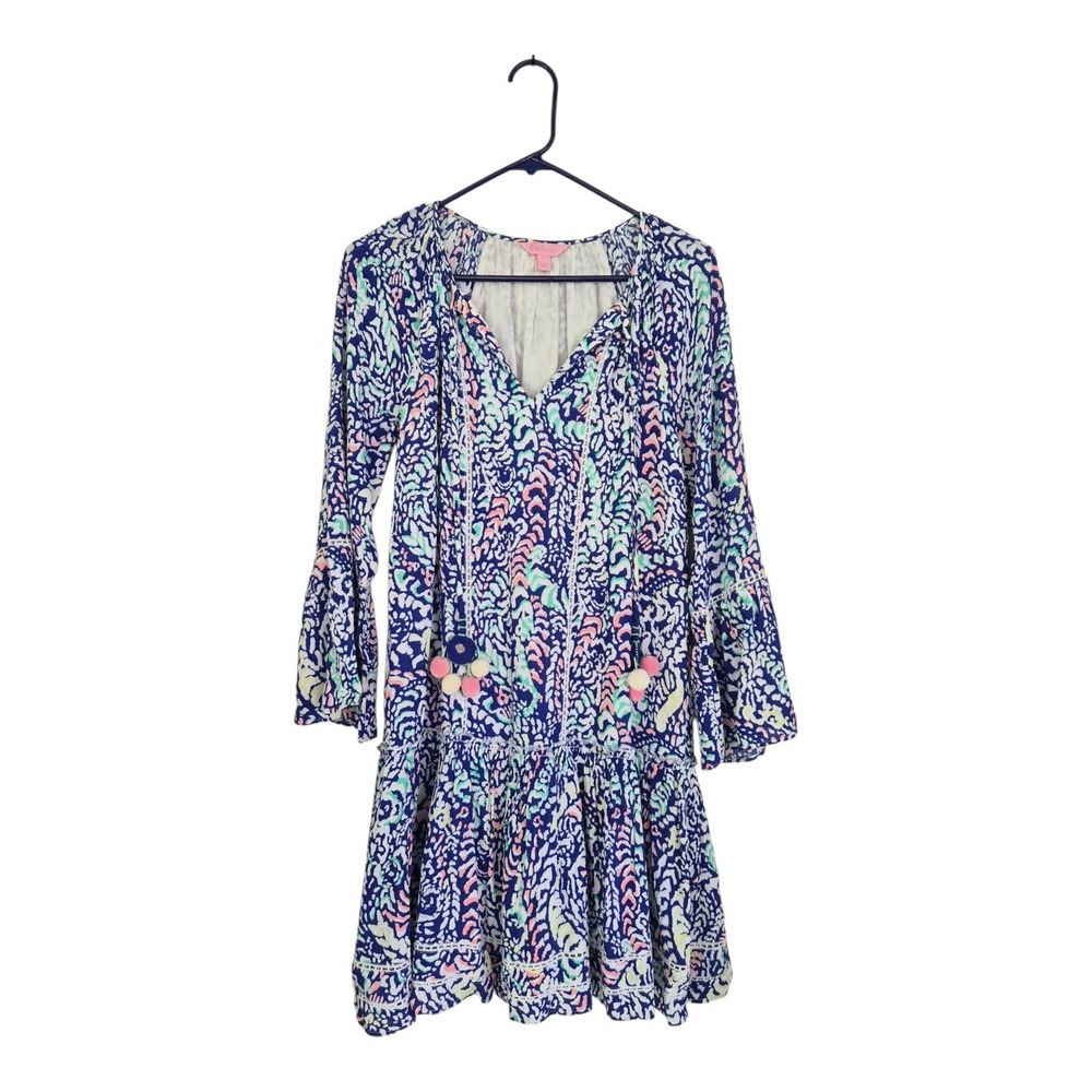 Lilly Pulitzer Percilla Tunic Dress S Blue Grotto Move It or Lose It Pom Pom Boh